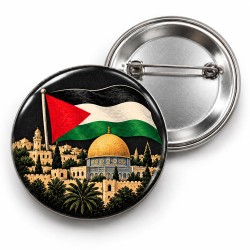 Kudüs - Siyah Zeminde Filistin Bayrağı ve Altın Kubbe - 58mm Rozet