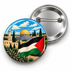 Kudüs - Mavi Gökyüzü ve Filistin Bayrağı - 58mm Rozet