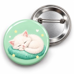 Minderde Uyuyan Beyaz Yavru Kedi - 58mm Rozet