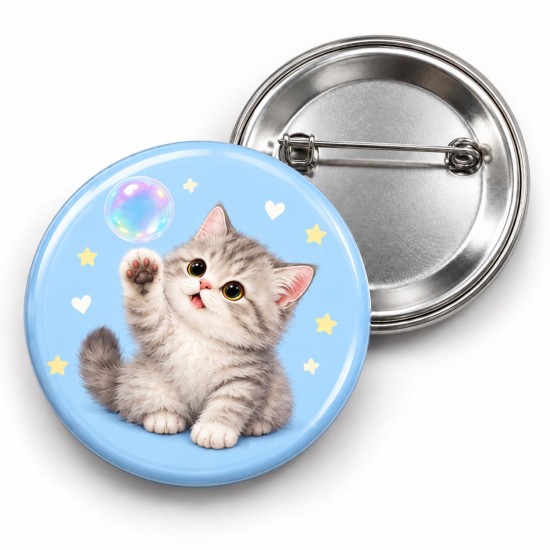 Baloncukla Oynayan Gri Yavru Kedi - 58mm Rozet