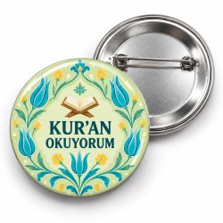 Kur’an Okuyorum - Yeşil Lale Deseni - 58mm Rozet