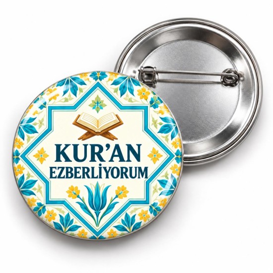 Kur’an Ezberliyorum - Yıldız Çerçeveli Çini - 58mm Rozet