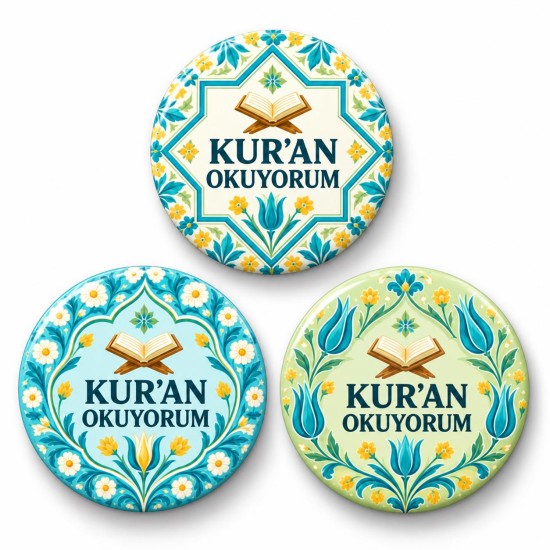 Kur’an Okuyorum Çini ve Laleler - 3’lü 58mm Rozet Seti