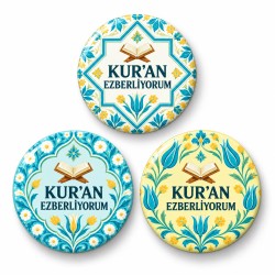 Kur’an Ezberliyorum Çini ve Laleler - 3’lü 58mm Rozet Seti