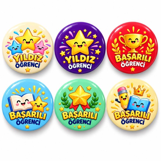 Yıldız ve Başarılı Öğrenciler - 6’lı 58mm Rozet Seti