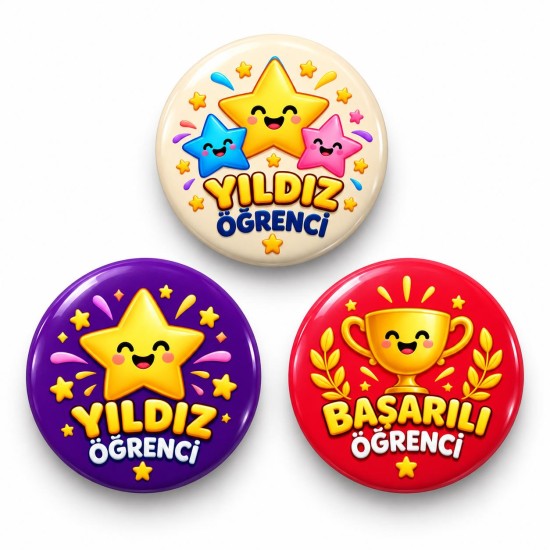 Yıldız Öğrenci ve Başarı Kupası - 3’lü 58mm Rozet Seti