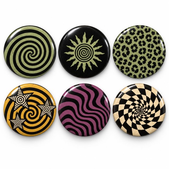 Vintage Spiral Güneş ve Dalgalar - 6’lı 58mm Rozet Seti
