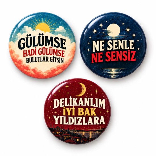 Gülümse Ay ve Yıldızlar - 3’lü 58mm Rozet Seti