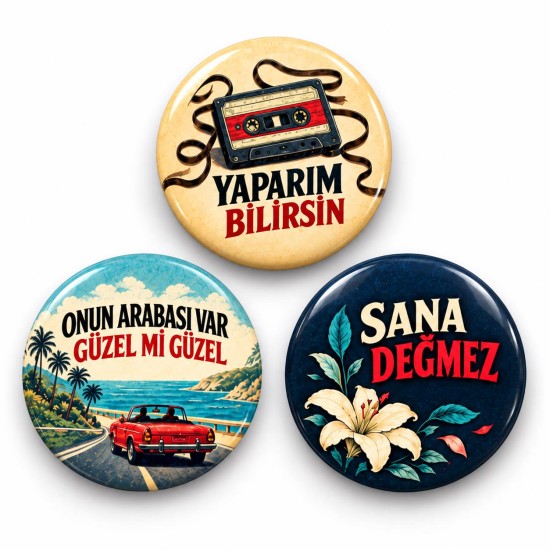 Kaset Araba ve Çiçekler - 3’lü 58mm Rozet Seti