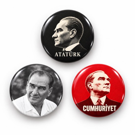 Atatürk ve Cumhuriyet Portreleri - 3’lü 58mm Rozet Seti