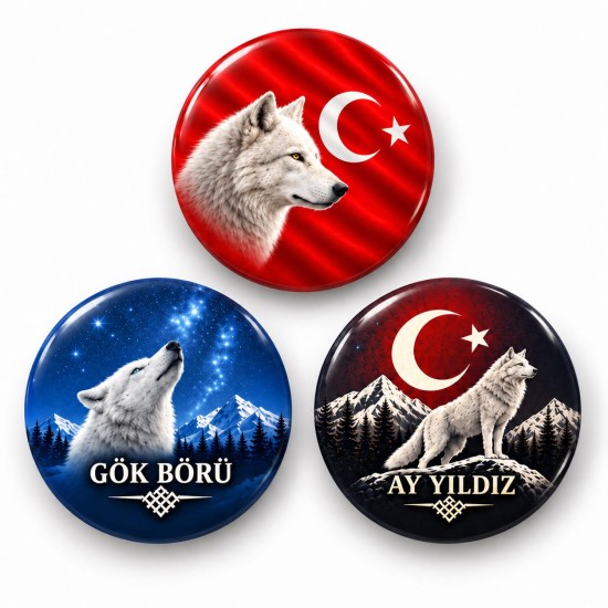 Ay Yıldız ve Gök Börü - 3’lü 58mm Rozet Seti