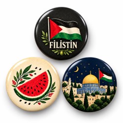 Filistin Bayrağı Karpuz ve Kudüs - 3’lü 58mm Rozet Seti