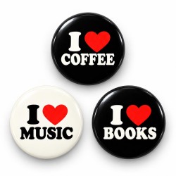 I Love Kahve Müzik ve Kitaplar - 3’lü 58mm Rozet Seti
