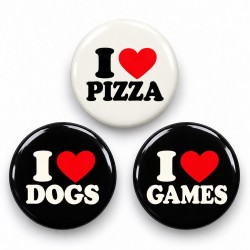 I Love Pizza Köpekler ve Oyunlar - 3’lü 58mm Rozet Seti