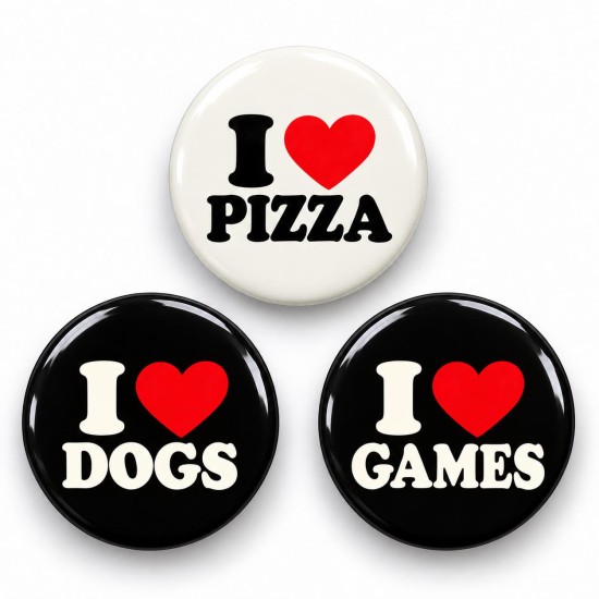 I Love Pizza Köpekler ve Oyunlar - 3’lü 58mm Rozet Seti