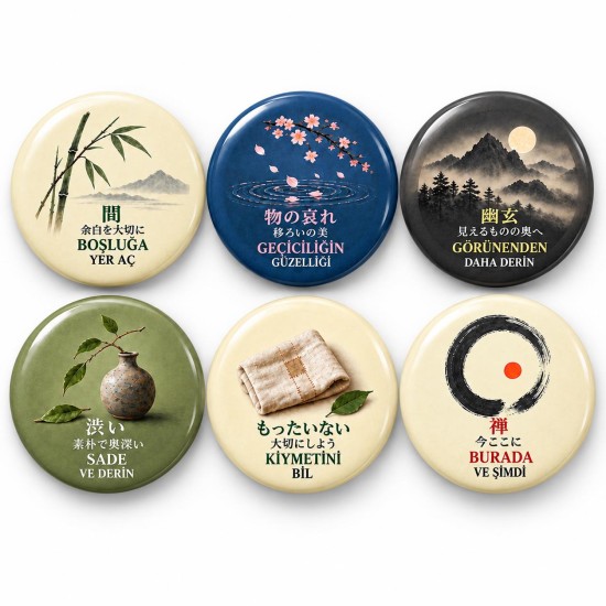 Japon Felsefesi Huzur ve Derinlik - 6’lı 58mm Rozet Seti