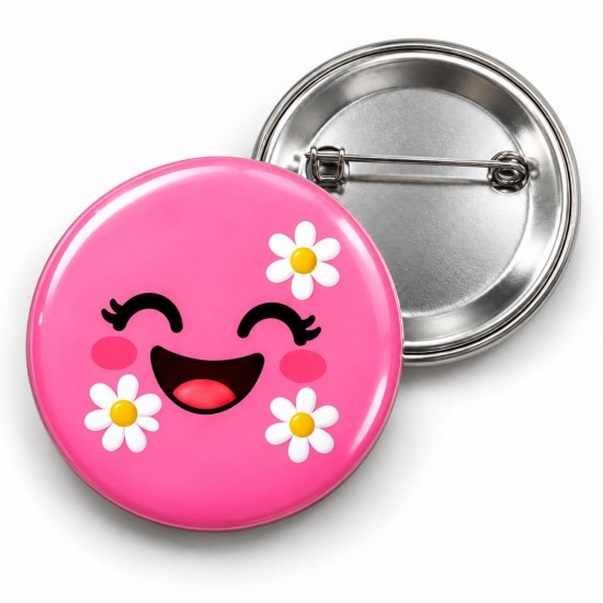 Papatyalı Pembe Smiley - 58mm Rozet
