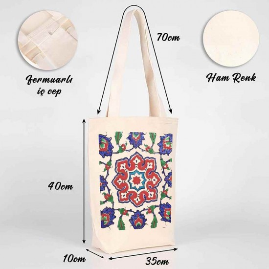 TÜRK EL SANATLARI İÇ CEPLİ KÖRÜKLÜ ÖRGÜ KULPLU KANVAS ÇANTA 35x40x10 cm - No.03