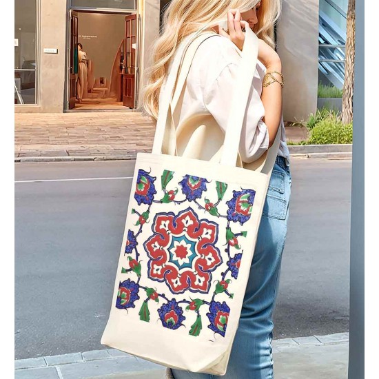 TÜRK EL SANATLARI İÇ CEPLİ KÖRÜKLÜ ÖRGÜ KULPLU KANVAS ÇANTA 35x40x10 cm - No.03