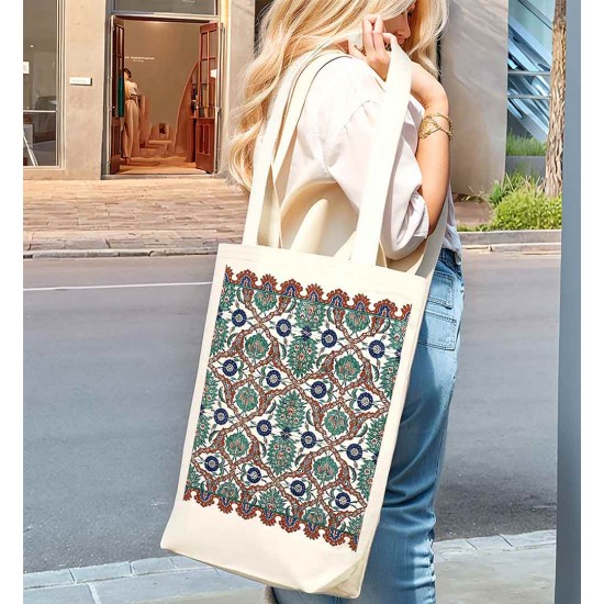 TÜRK EL SANATLARI İÇ CEPLİ KÖRÜKLÜ ÖRGÜ KULPLU KANVAS ÇANTA 35x40x10 cm - No.05